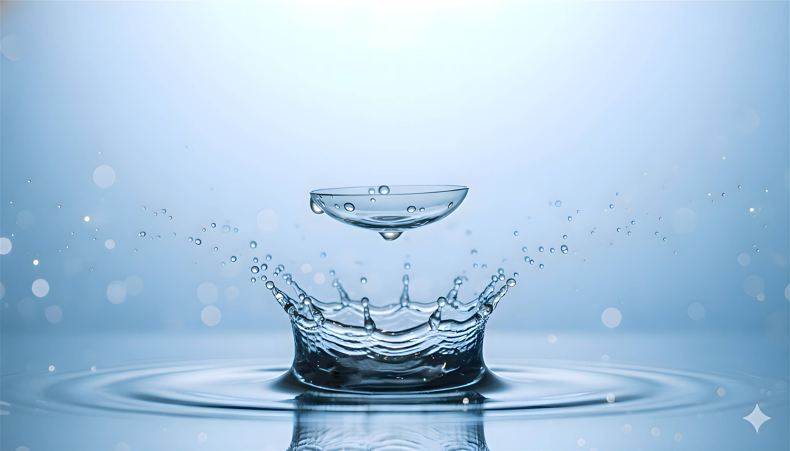 Kontaktlinse über einem Wasserspiegel mit einem Wassersprizer unter der Linse