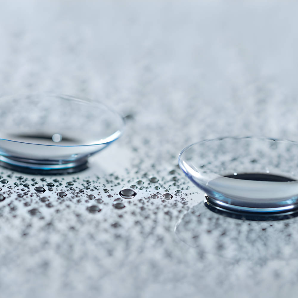 Linsen und Tropfen auf grauer Oberflaeche